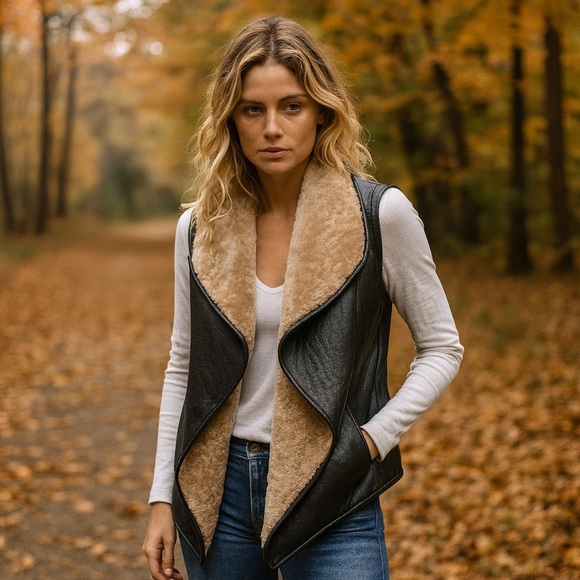 EUC NELLIE PARTOW Black Shearling Draped Lapel Vest Size Medium - Picture 1 of 6